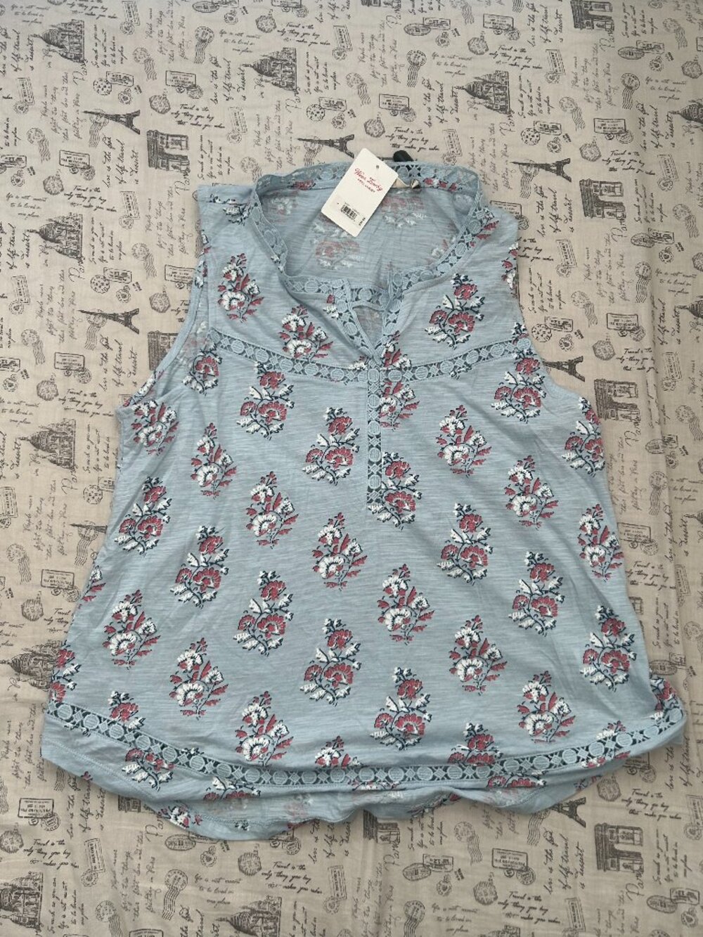 Lucky Brand Floral Crochet Trim Tank Top Light Blue Sleeveless Henley Large NWT